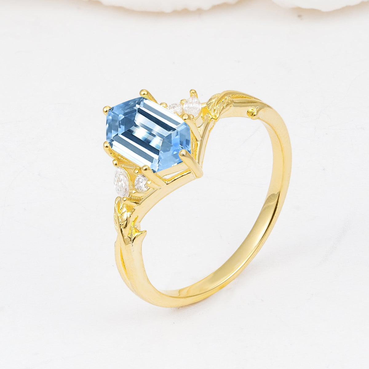 Elongated Hexagon Cut Aquamarine Floral Bridal Ring Set - Additional view