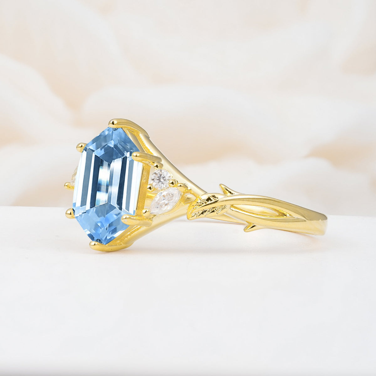 Elongated Hexagon Cut Aquamarine Floral Bridal Ring Set - Additional view