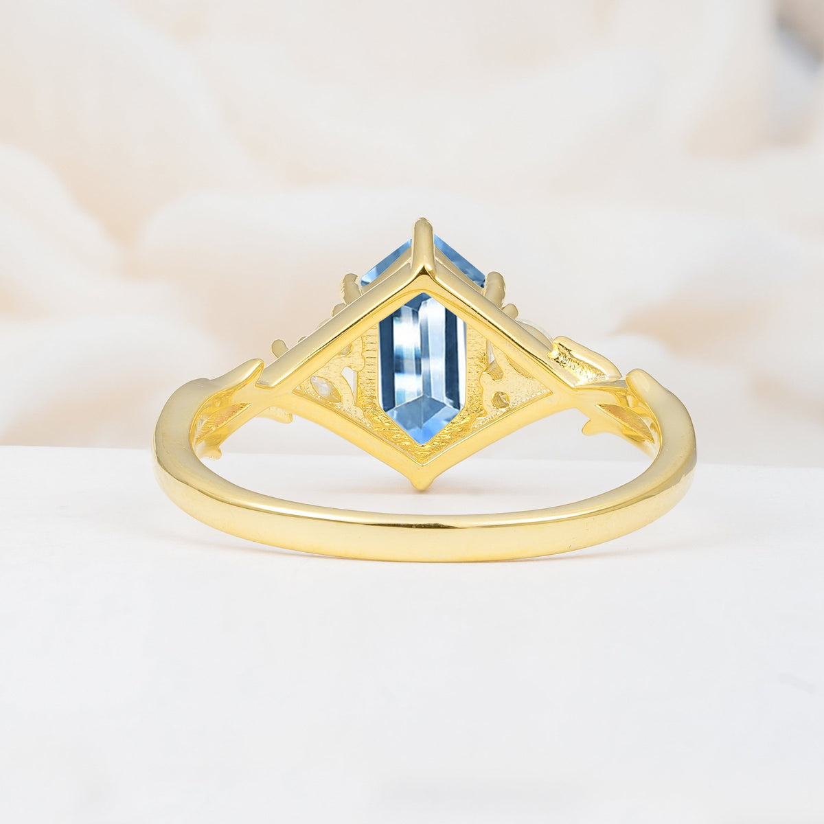 Elongated Hexagon Cut Aquamarine Floral Bridal Ring Set - Additional view