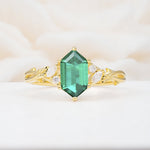 Elongated Hexagon Cut Emerald Floral Bridal Ring Set - Additional view