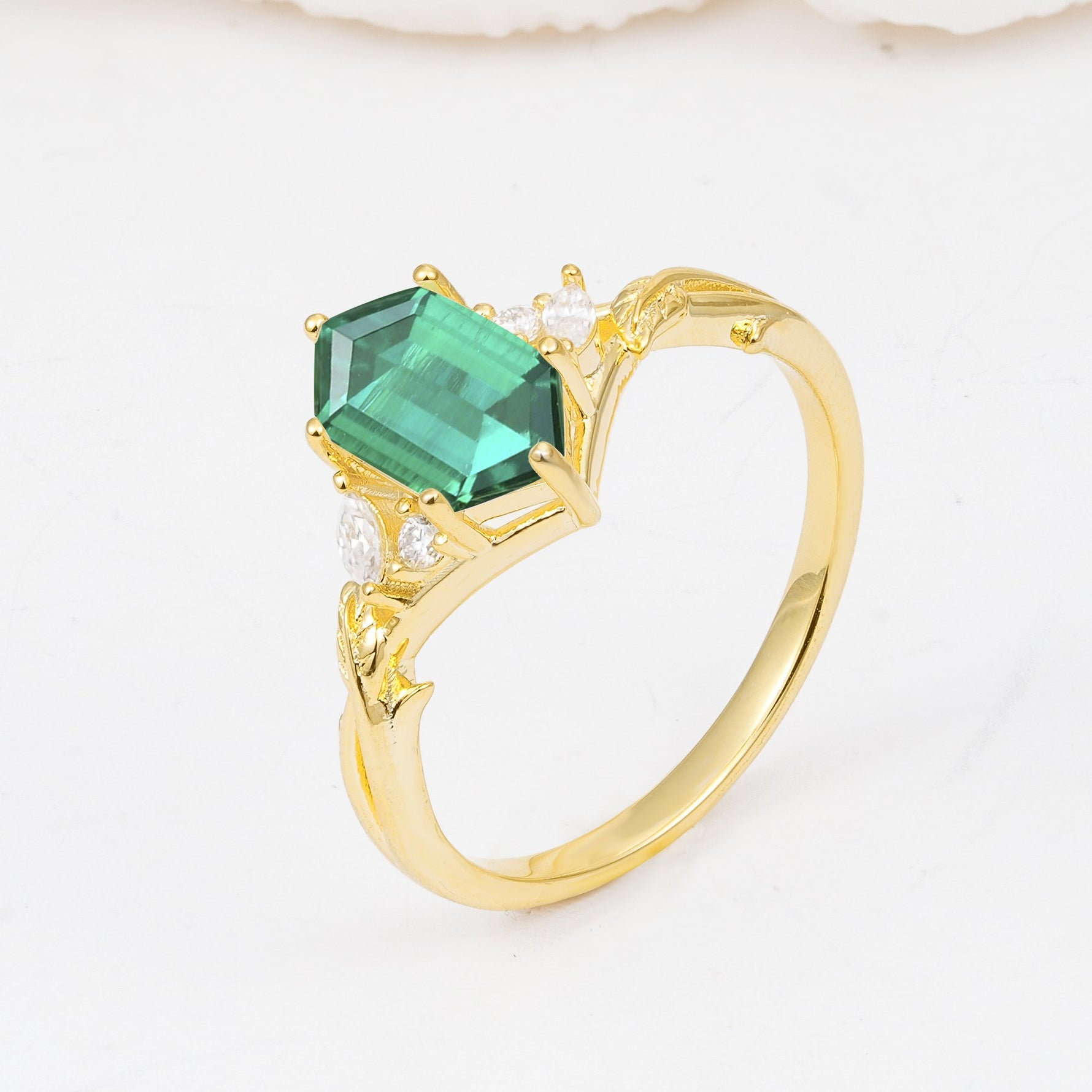 Elongated Hexagon Cut Emerald Floral Bridal Ring Set - Additional view