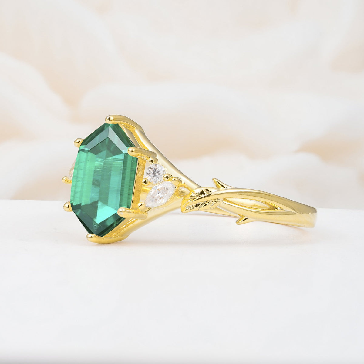 Elongated Hexagon Cut Emerald Floral Bridal Ring Set - Additional view