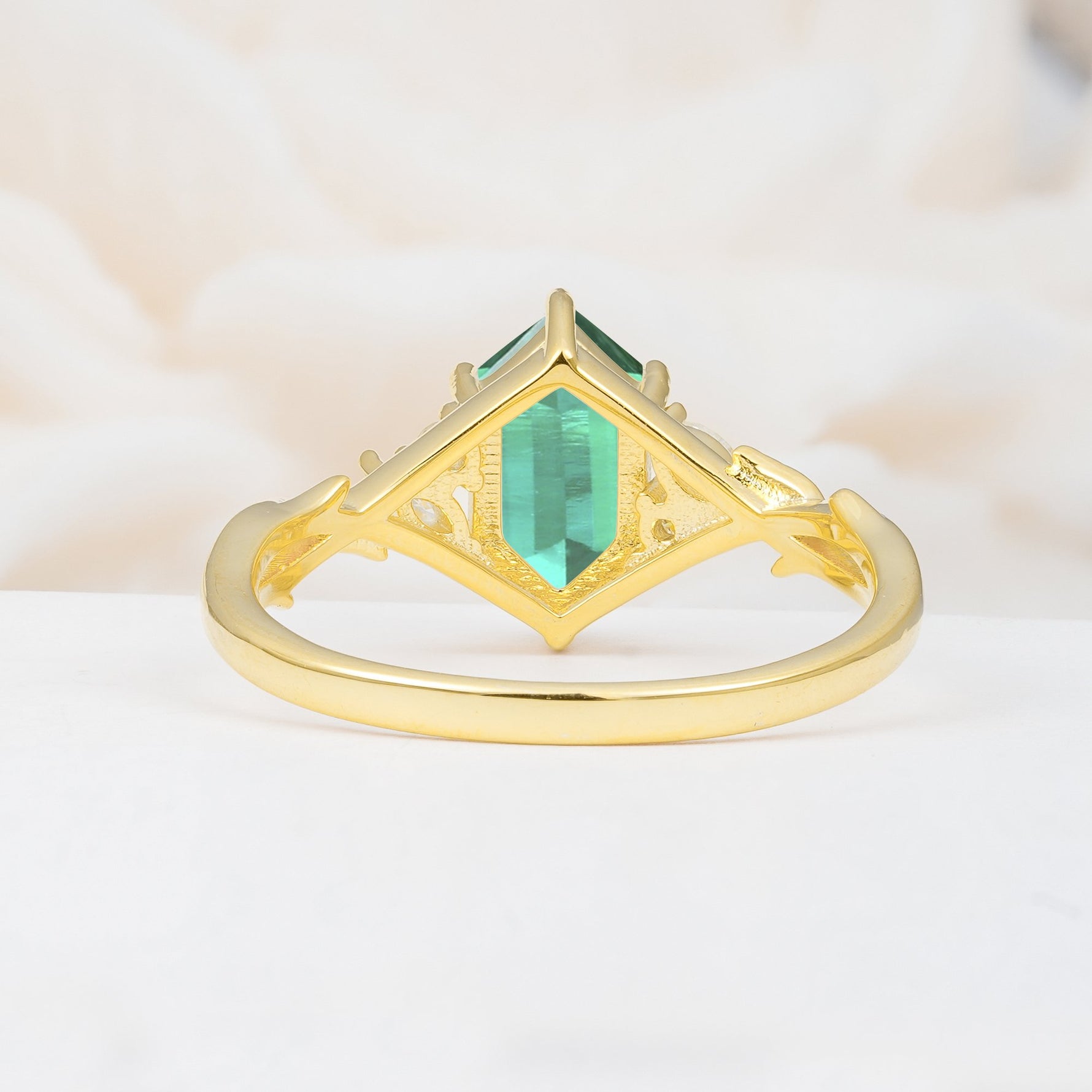 Elongated Hexagon Cut Emerald Floral Bridal Ring Set - Additional view