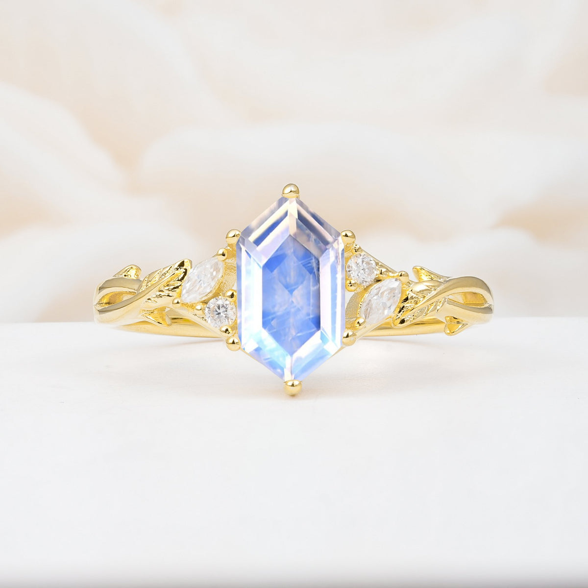 Elongated Hexagon Cut Moonstone Floral Bridal Ring Set - Additional view