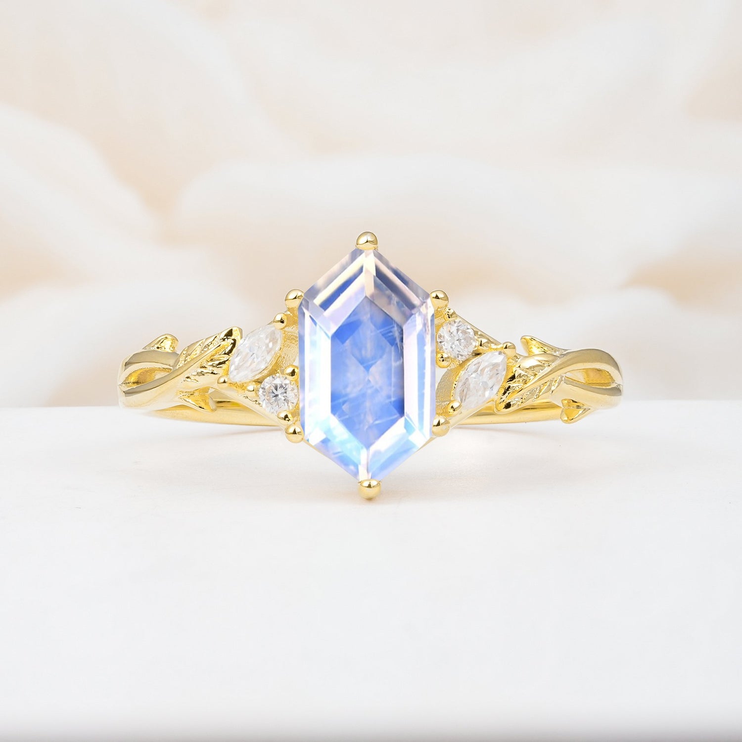 Elongated Hexagon Cut Moonstone Floral Bridal Ring Set - Additional view
