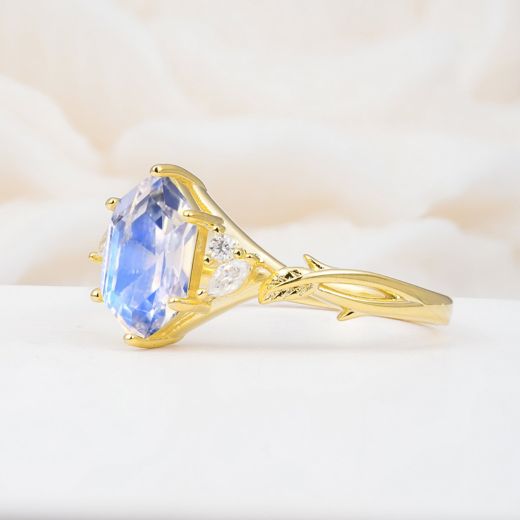 Elongated Hexagon Cut Moonstone Floral Bridal Ring Set - Additional view