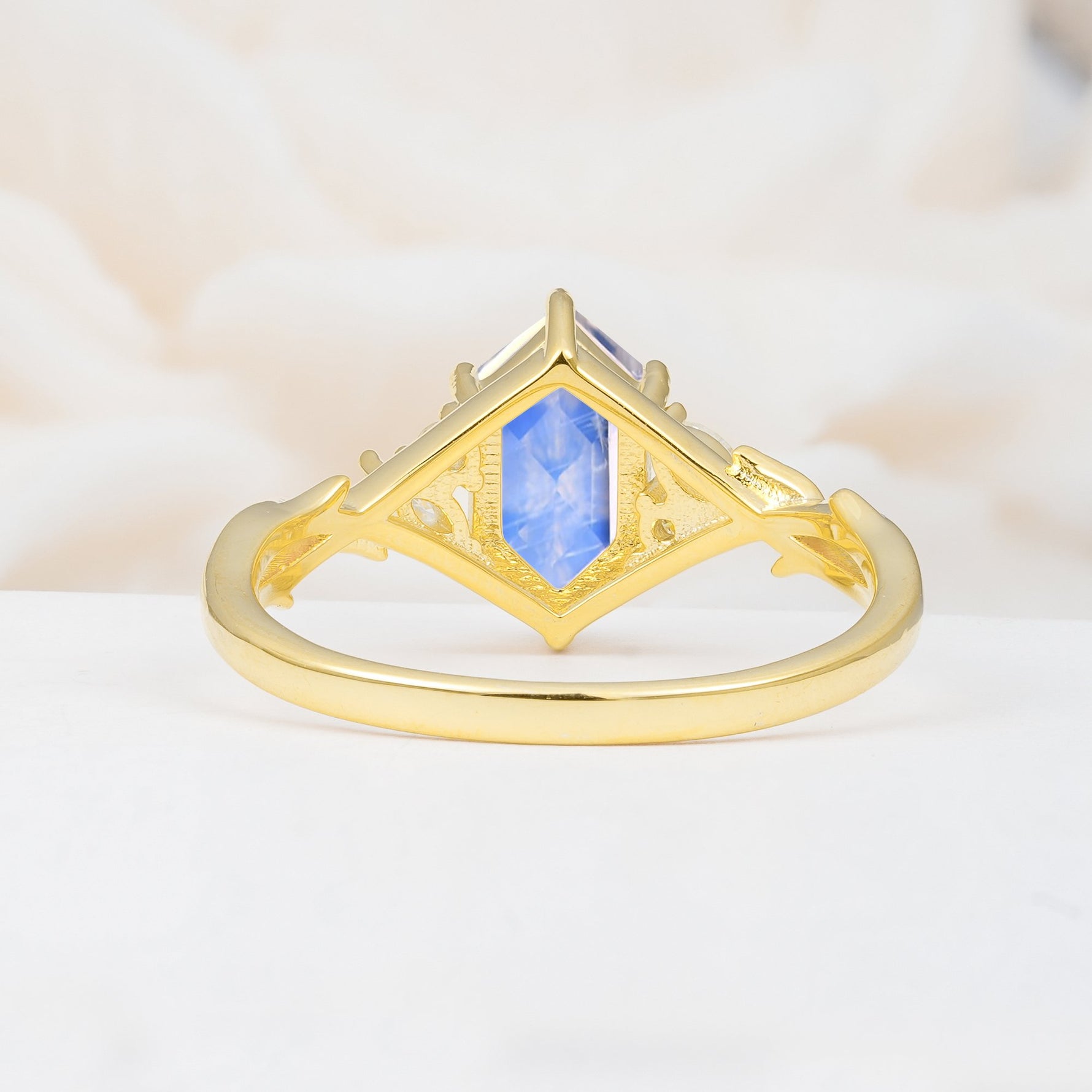 Elongated Hexagon Cut Moonstone Floral Bridal Ring Set - Additional view