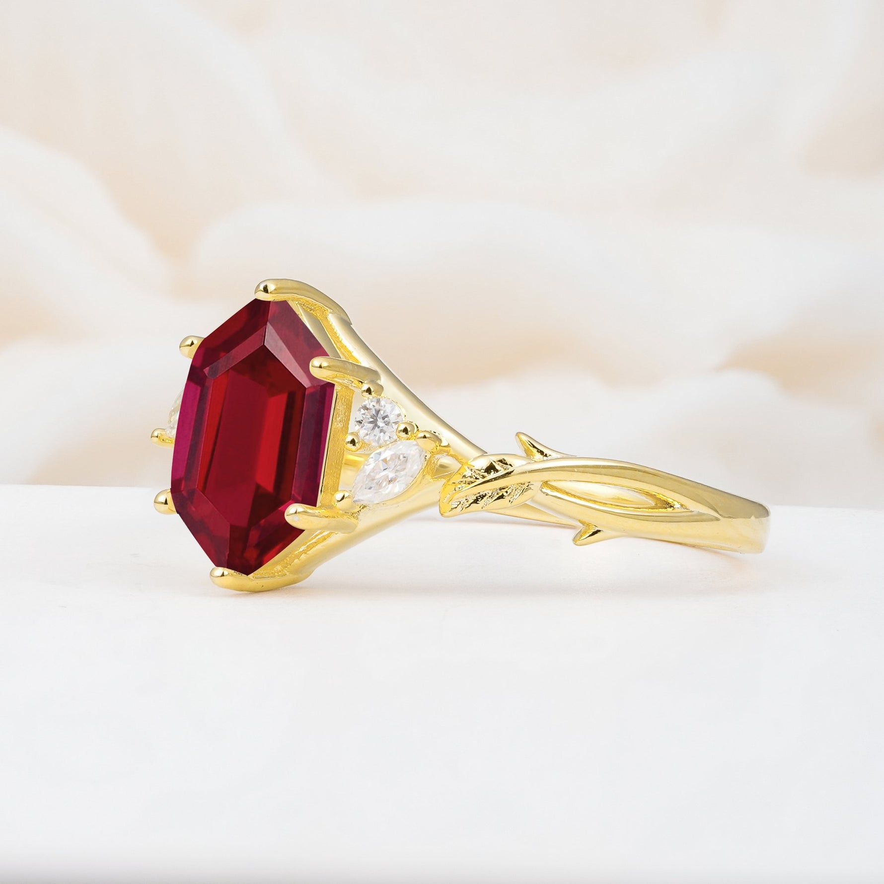 Elongated Hexagon Cut Ruby Floral Bridal Ring Set - Additional view