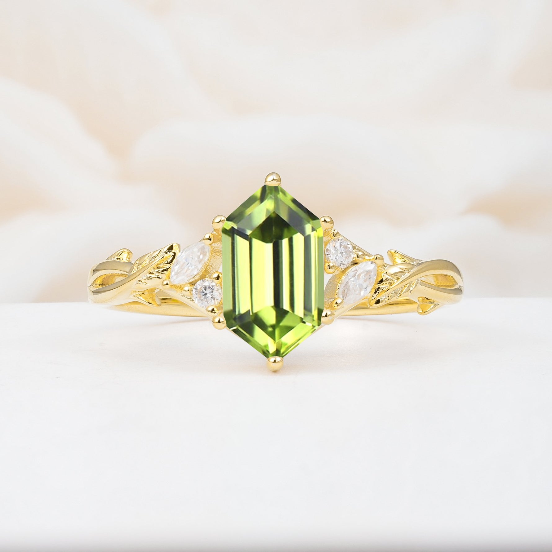 Elongated Hexagon Cut Peridot Floral Bridal Ring Set - Additional view