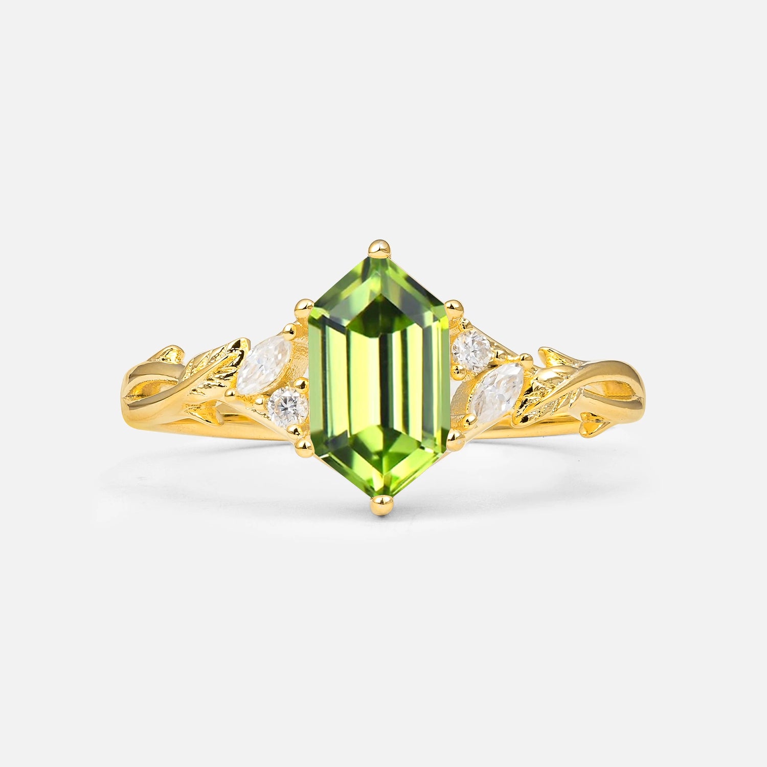 Elongated Hexagon Cut Peridot Floral Engagement Ring