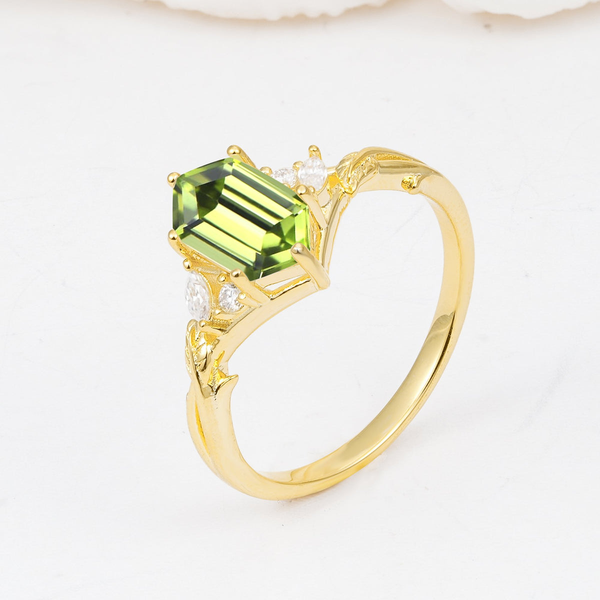 Elongated Hexagon Cut Peridot Floral Bridal Ring Set - Additional view