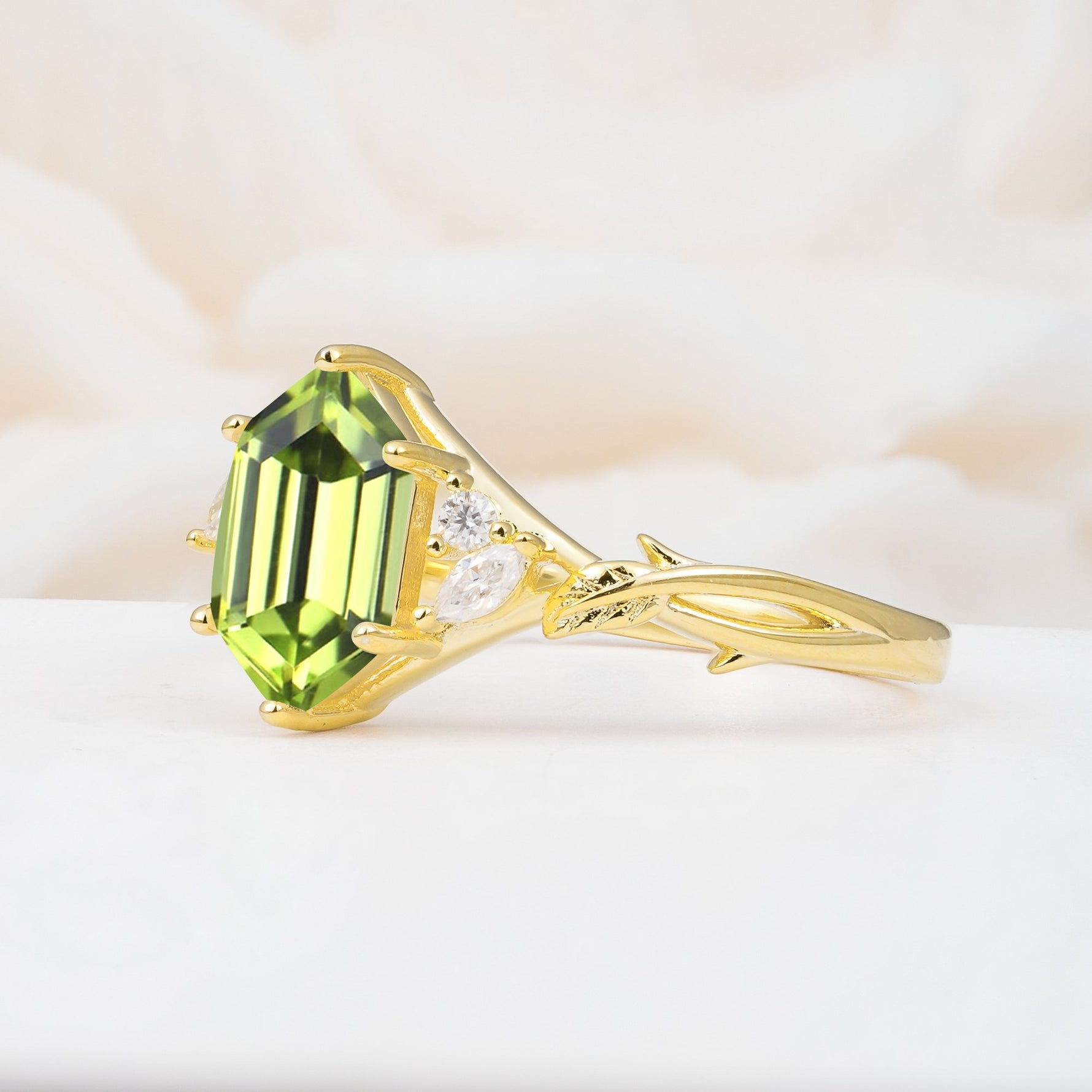 Elongated Hexagon Cut Peridot Floral Bridal Ring Set - Additional view