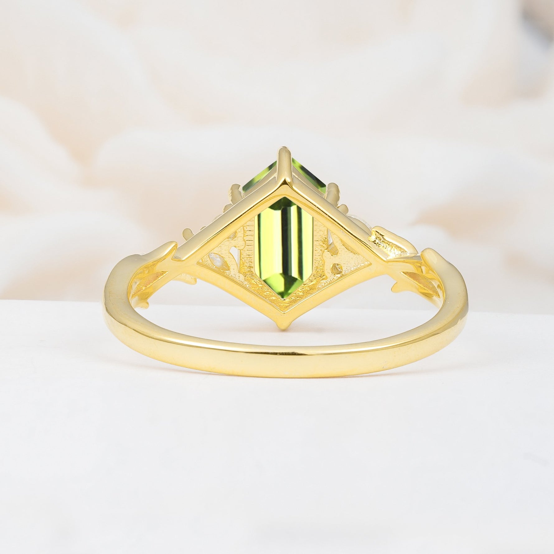 Elongated Hexagon Cut Peridot Floral Bridal Ring Set - Additional view