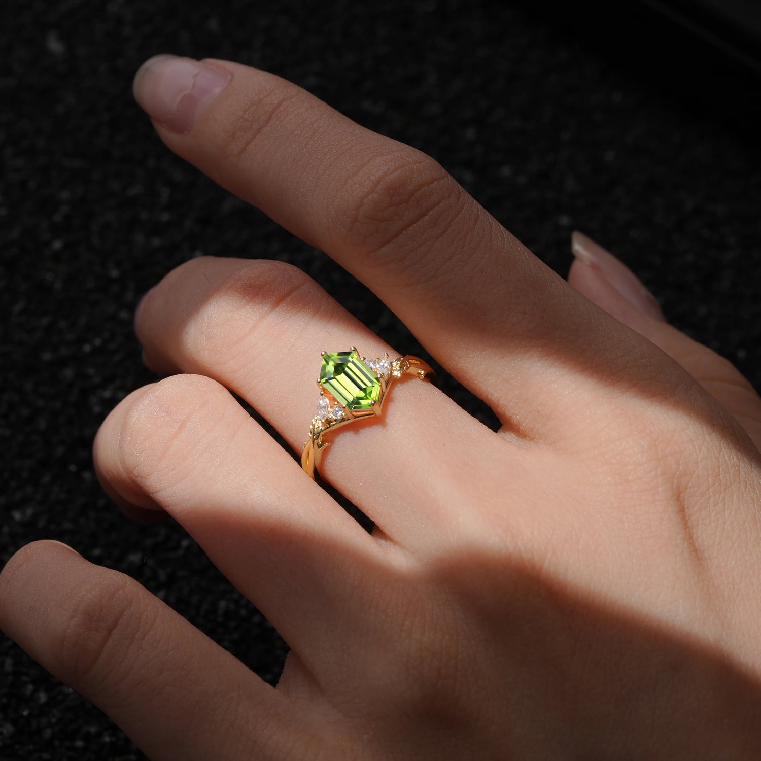 Elongated Hexagon Cut Peridot Floral Engagement Ring