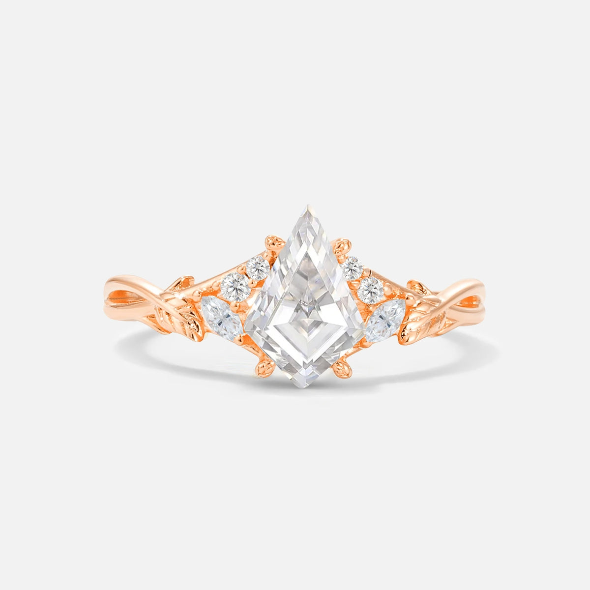 Kite Cut Moissanite Engagement Ring with Marquise Side Stones and Vine Detail - Additional view