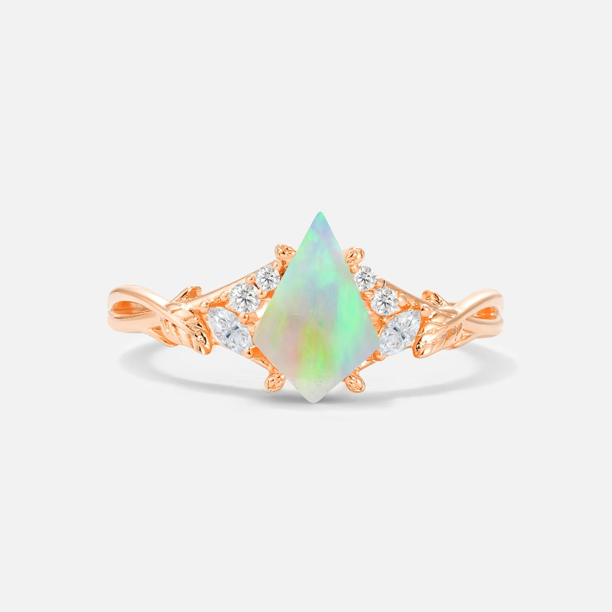 Kite Cut Fire Opal Engagement Ring with Marquise Side Stones and Vine Detail - Additional view