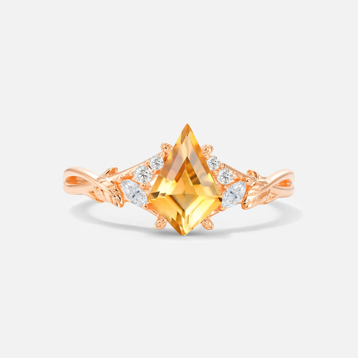 Kite Cut Citrine Engagement Ring with Marquise Side Stones and Vine Detail - Additional view