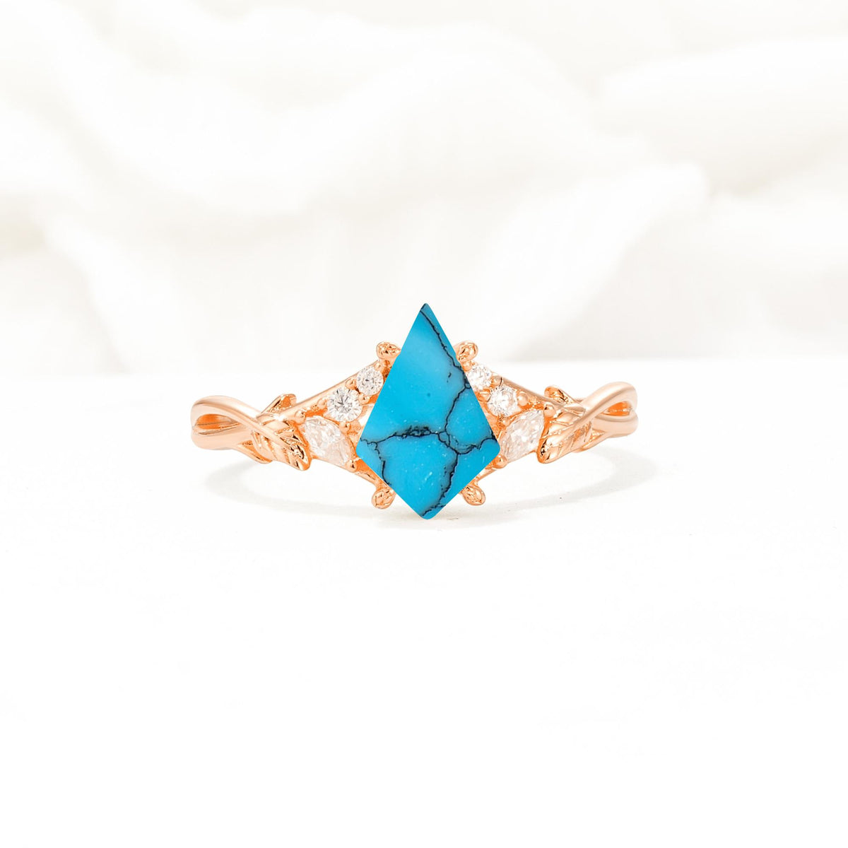 Nature-Inspired Kite Cut Turquoise Engagement Ring with Leaf Accents - Additional view