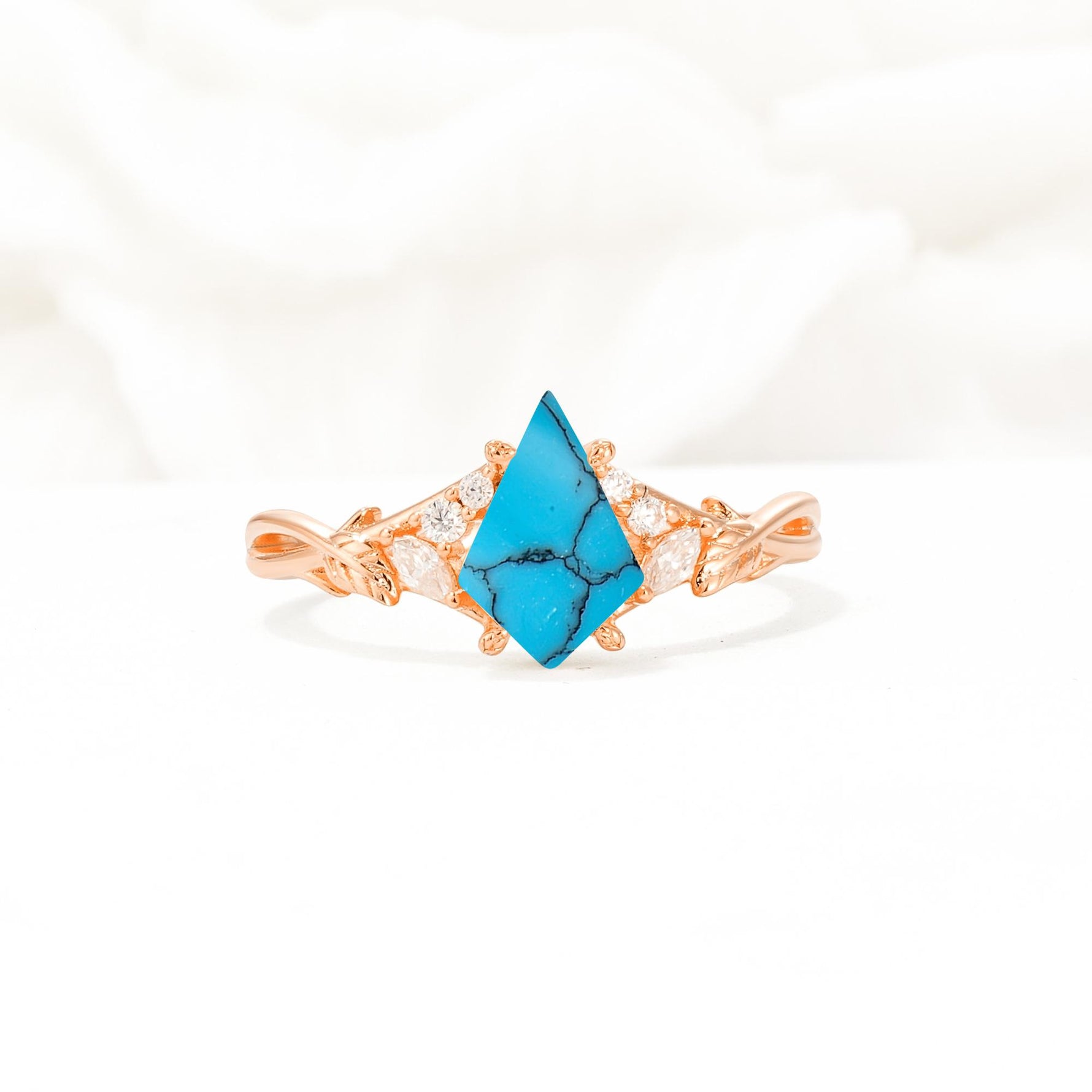 Nature-Inspired Kite Cut Turquoise Engagement Ring with Leaf Accents - Additional view