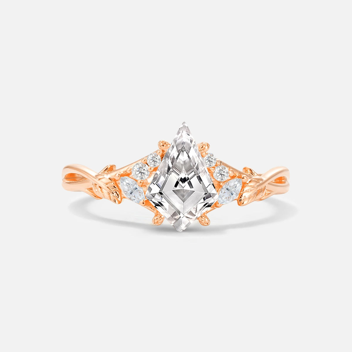 Kite Cut Lab Diamond Engagement Ring with Marquise Side Stones and Vine Detail - Additional view