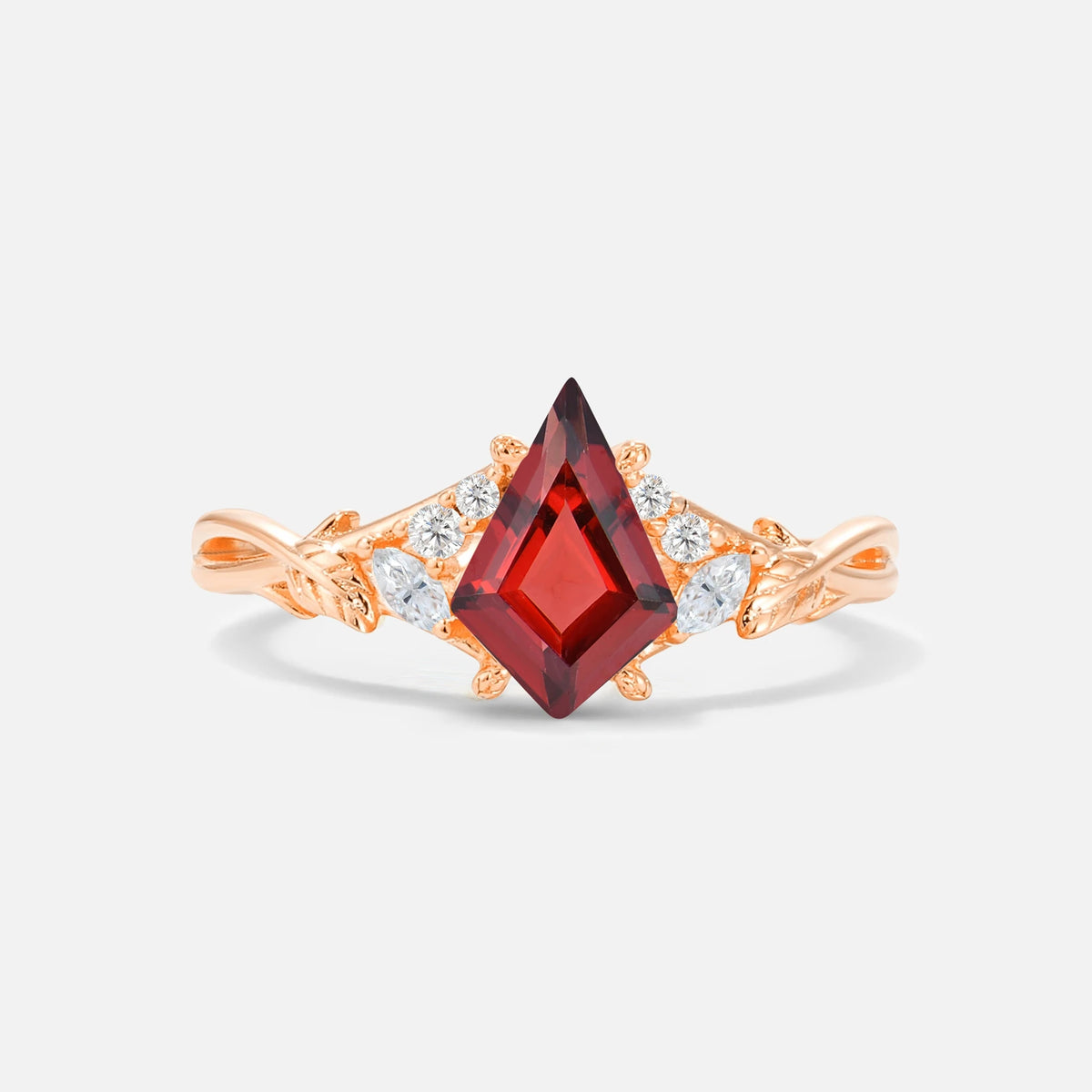 Kite Cut Garnet Engagement Ring with Marquise Side Stones and Vine Detail - Additional view