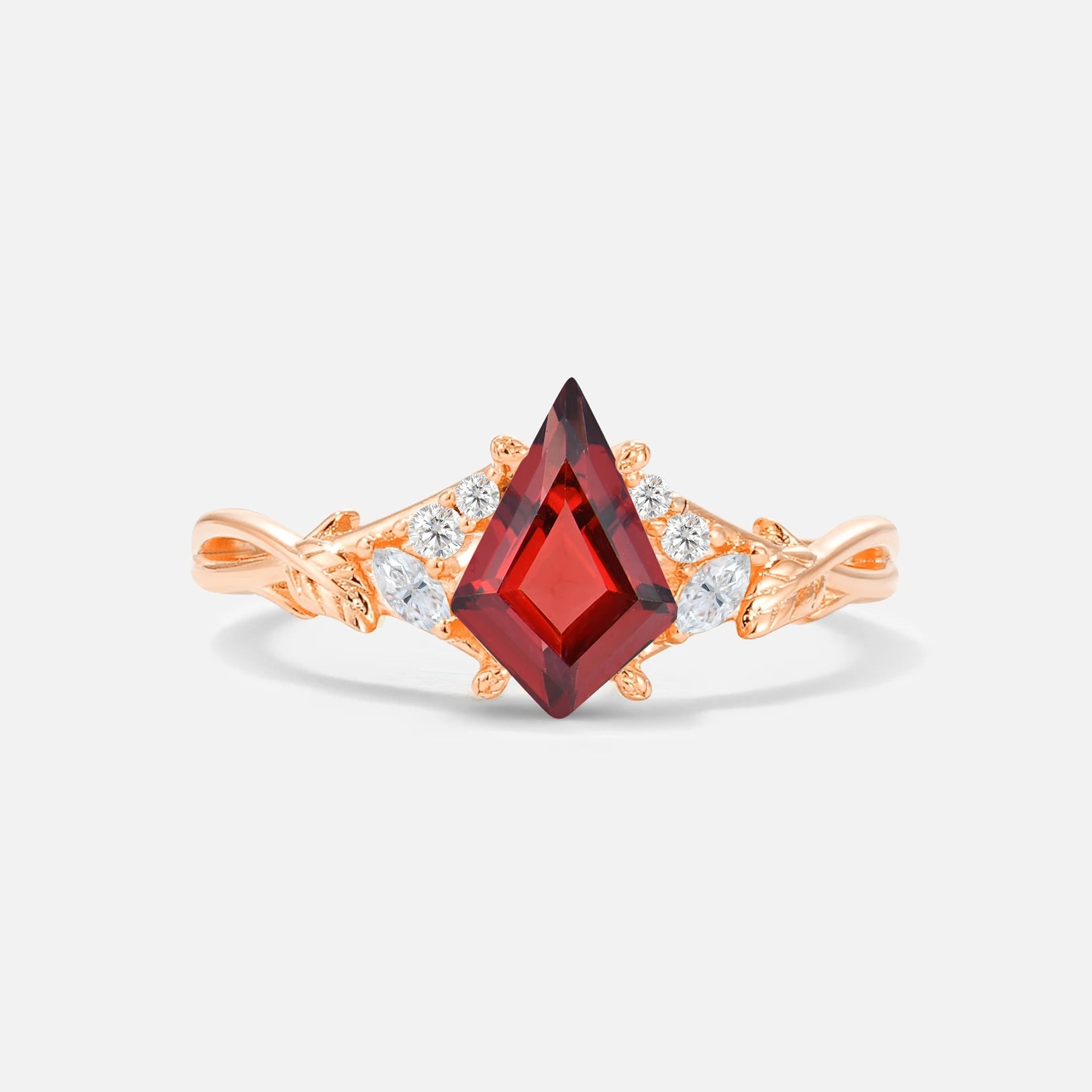 Kite Cut Garnet Engagement Ring with Marquise Side Stones and Vine Detail - Additional view