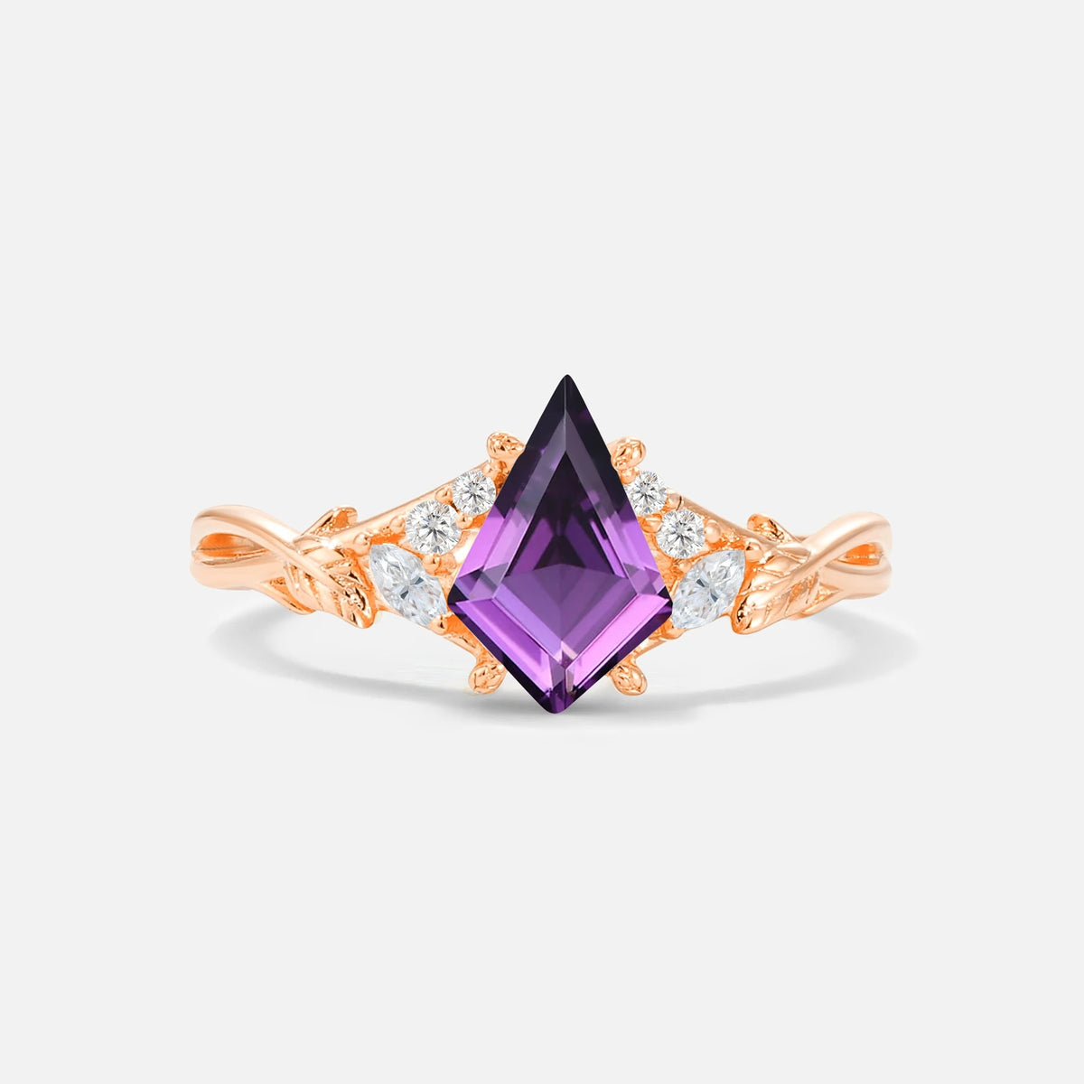 Kite Cut Amethyst Engagement Ring with Marquise Side Stones and Vine Detail - Additional view