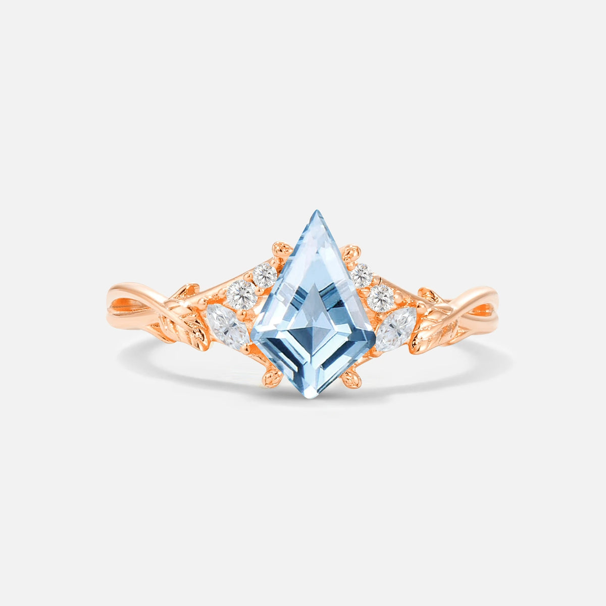 Kite Cut Aquamarine Engagement Ring with Marquise Side Stones and Vine Detail - Additional view