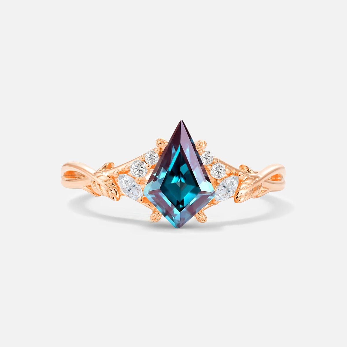 Kite Cut Alexandrite Engagement Ring with Marquise Side Stones and Vine Detail - Additional view