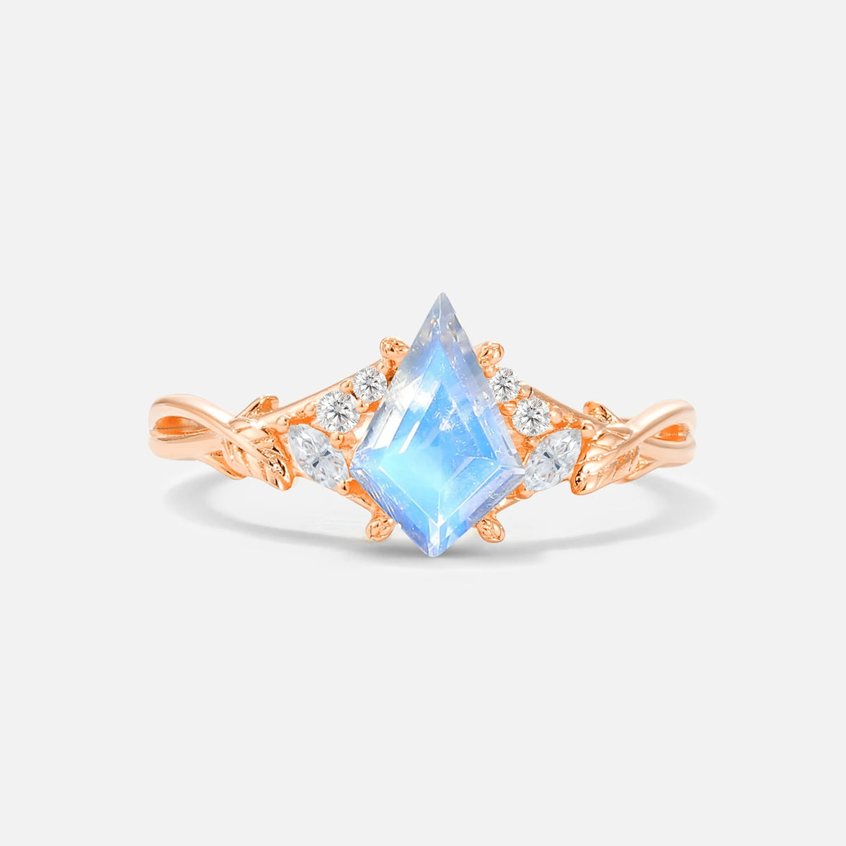 Kite Cut Moonstone Engagement Ring with Marquise Side Stones and Vine Detail - Additional view