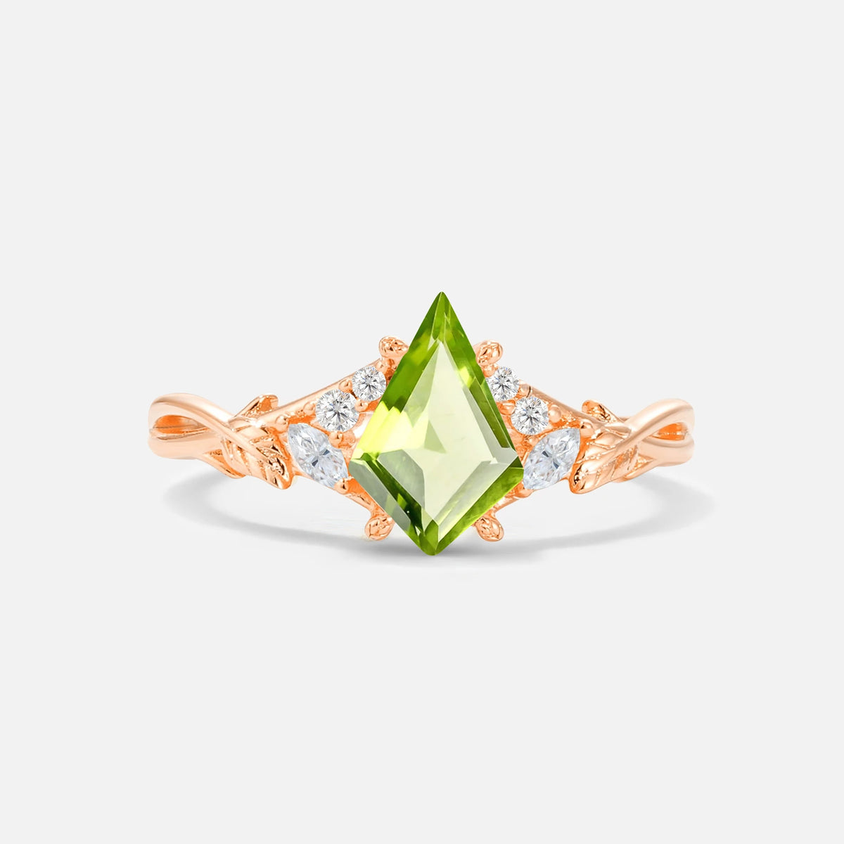 Kite Cut Peridot Engagement Ring with Marquise Side Stones and Vine Detail - Additional view