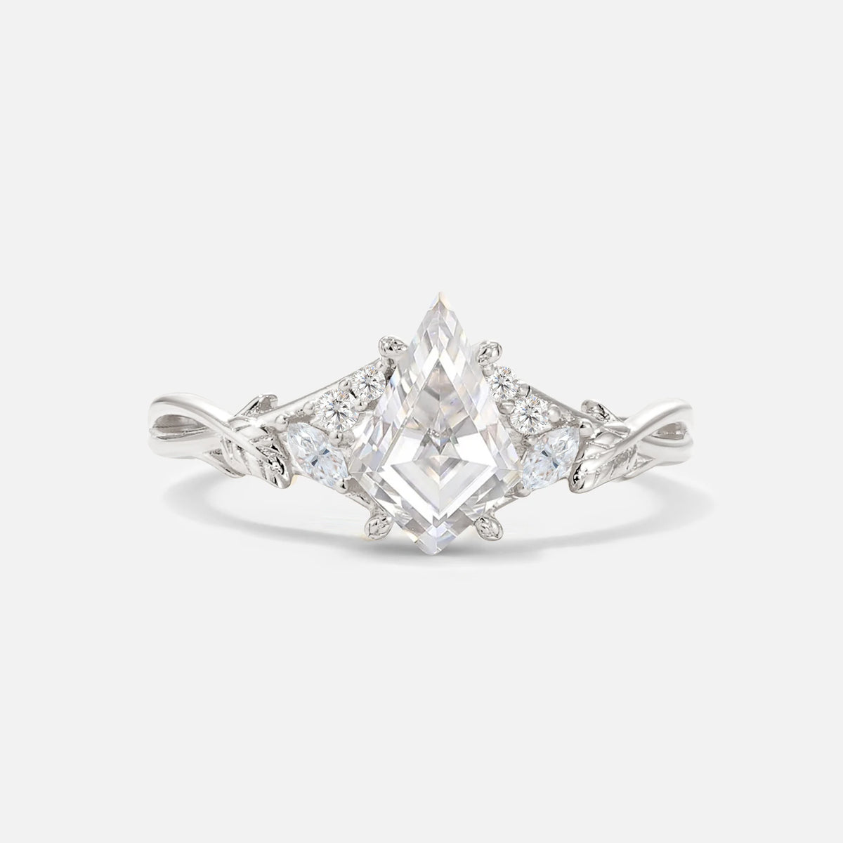 Kite Cut Moissanite Engagement Ring with Marquise Side Stones and Vine Detail - Additional view