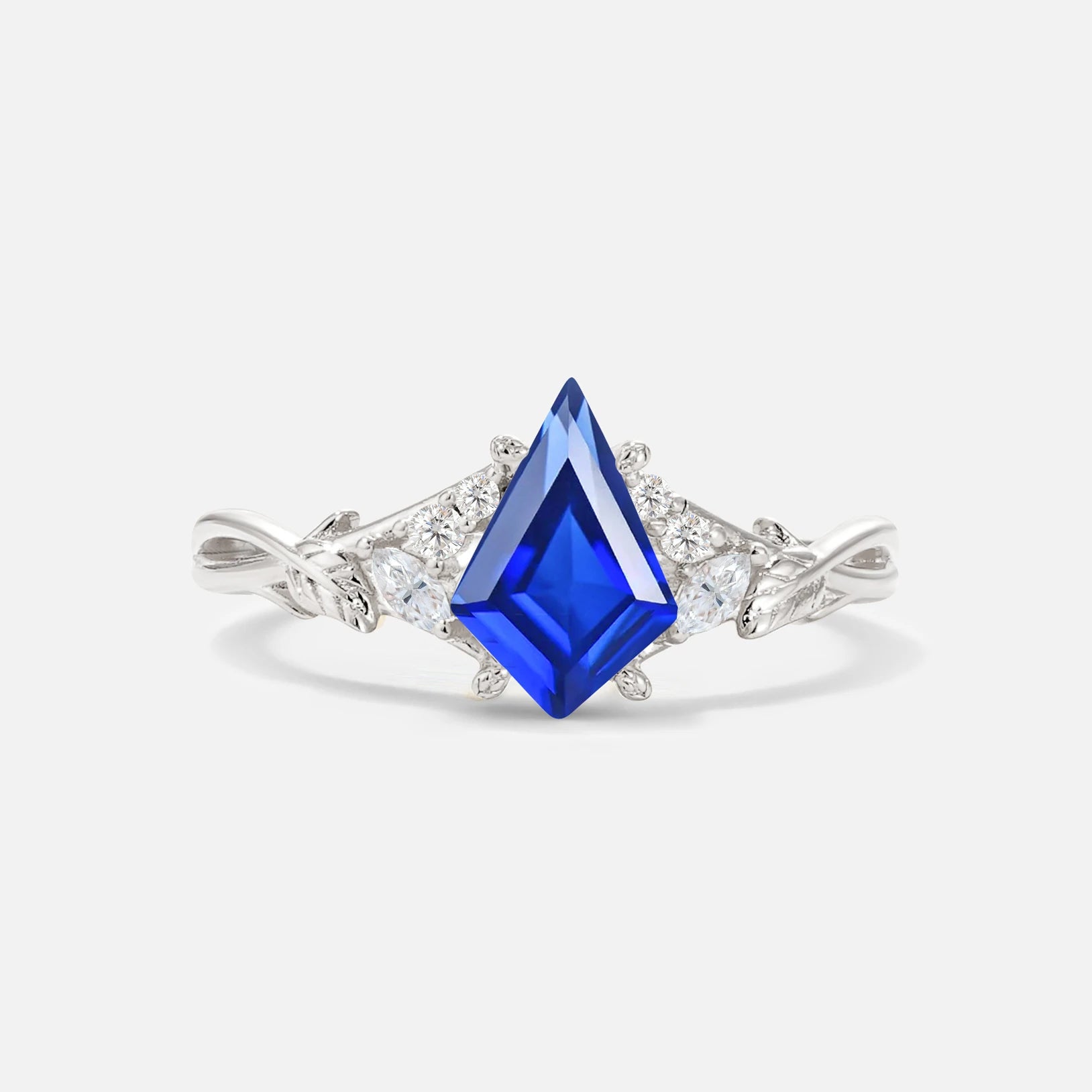 Kite Cut Sapphire Engagement Ring with Marquise Side Stones and Vine Detail - Additional view