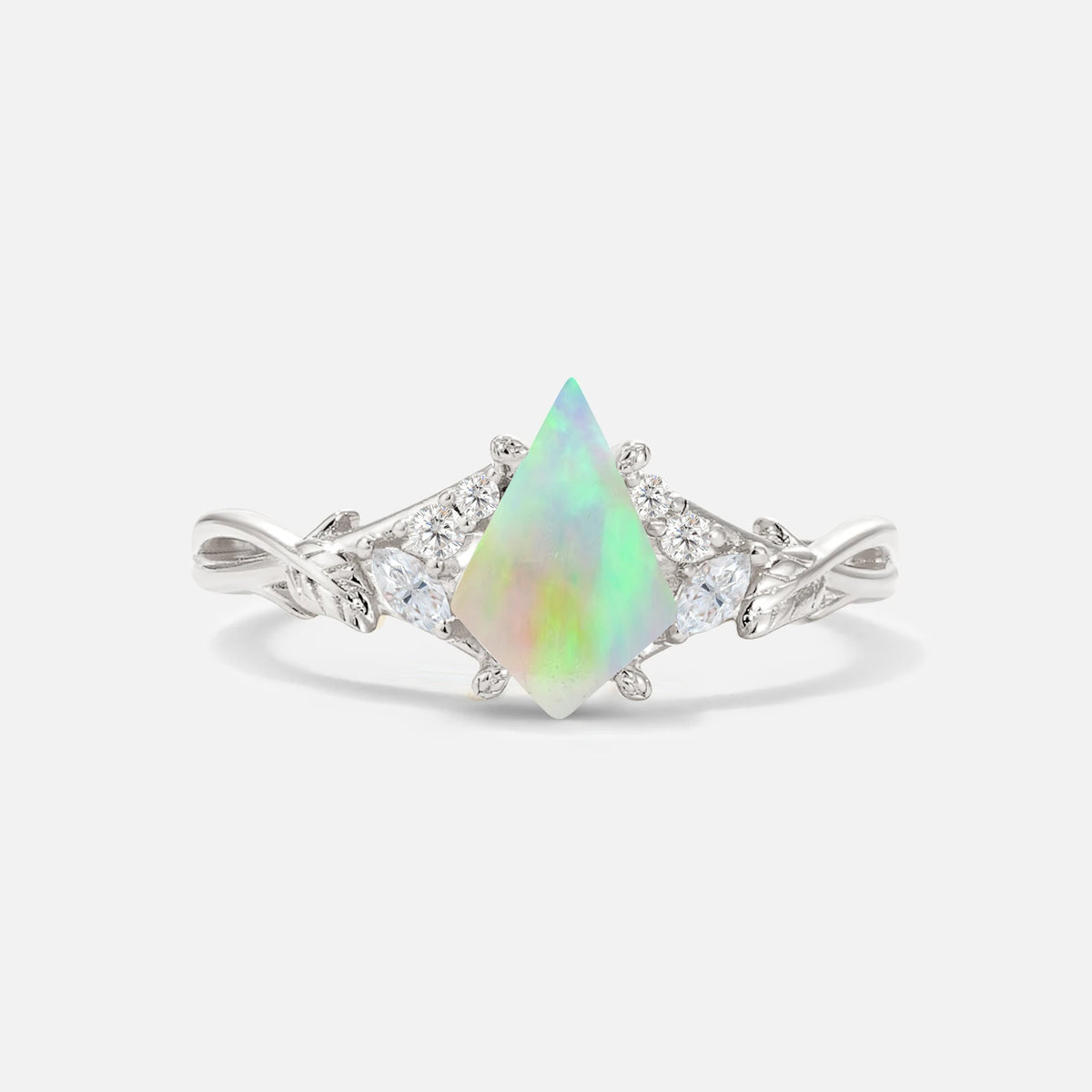 Kite Cut Fire Opal Engagement Ring with Marquise Side Stones and Vine Detail - Additional view