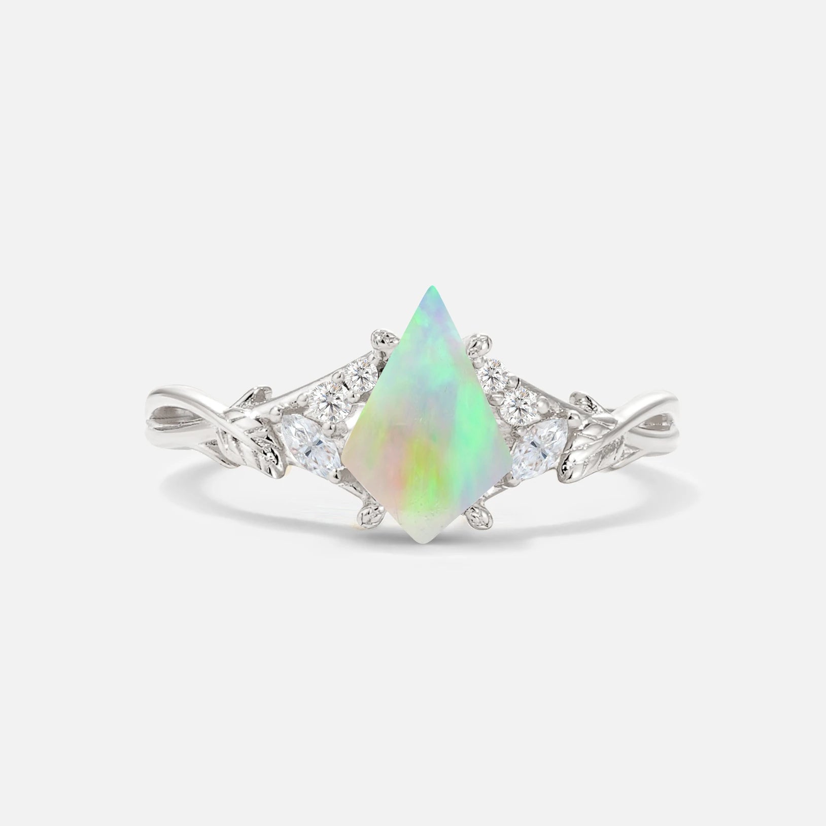 Kite Cut Fire Opal Engagement Ring with Marquise Side Stones and Vine Detail - Additional view