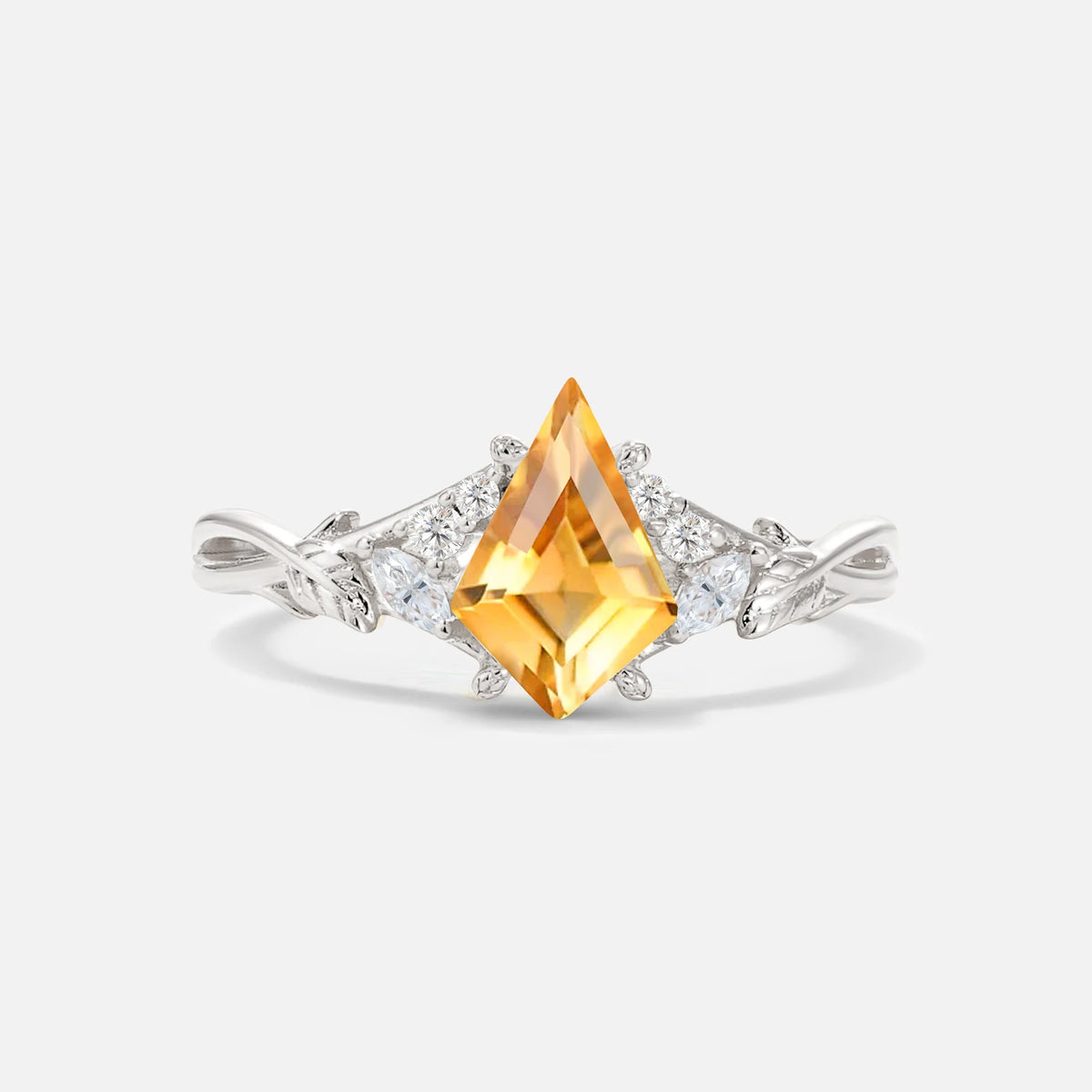 Kite Cut Citrine Engagement Ring with Marquise Side Stones and Vine Detail - Additional view