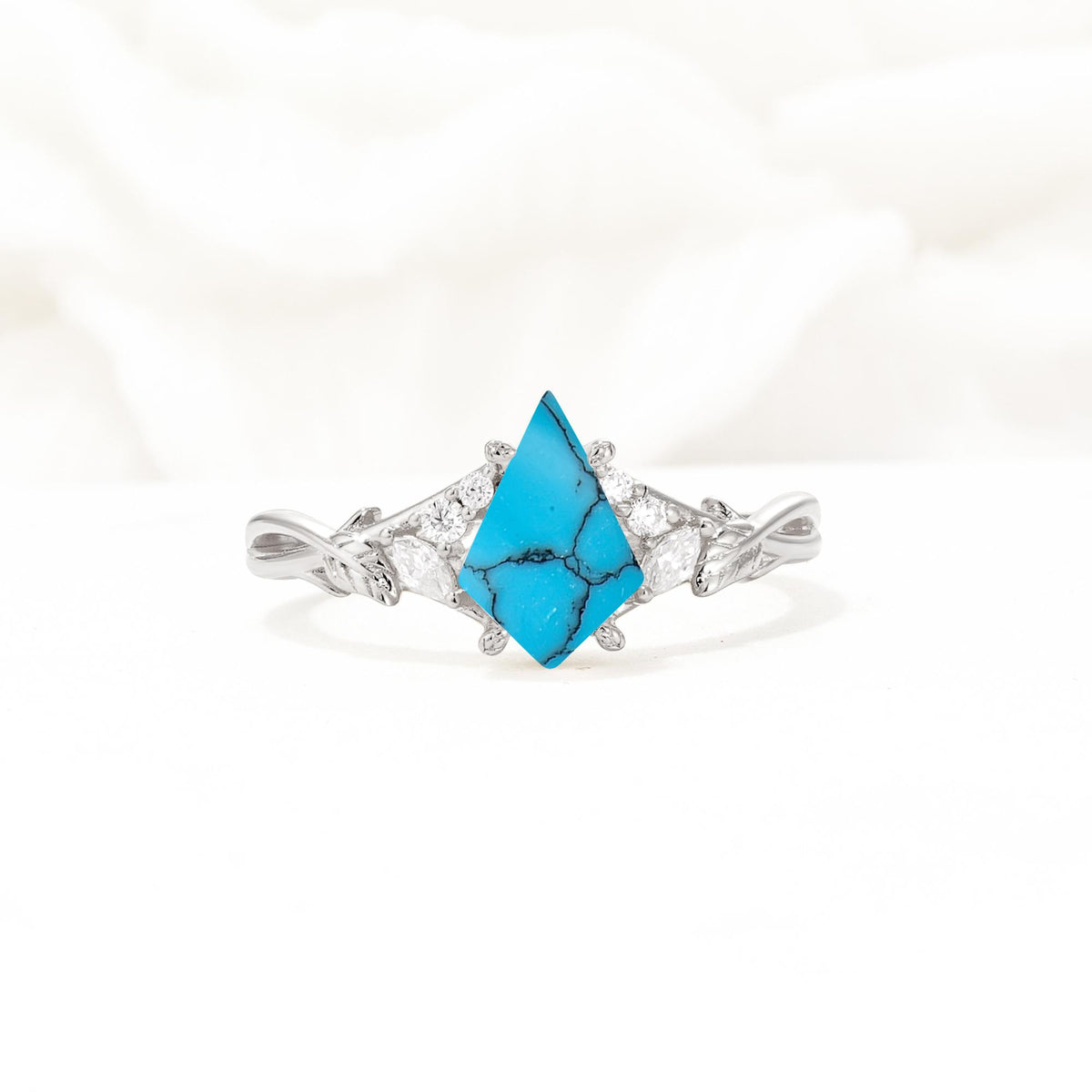 Nature-Inspired Kite Cut Turquoise Engagement Ring with Leaf Accents - Additional view