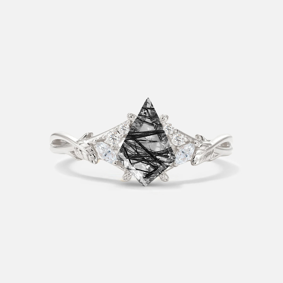 Kite Cut Black Rutilated Quartz Engagement Ring with Marquise Side Stones and Vine Detail - Additional view