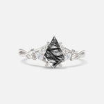 Kite Cut Black Rutilated Quartz Engagement Ring with Marquise Side Stones and Vine Detail - Additional view