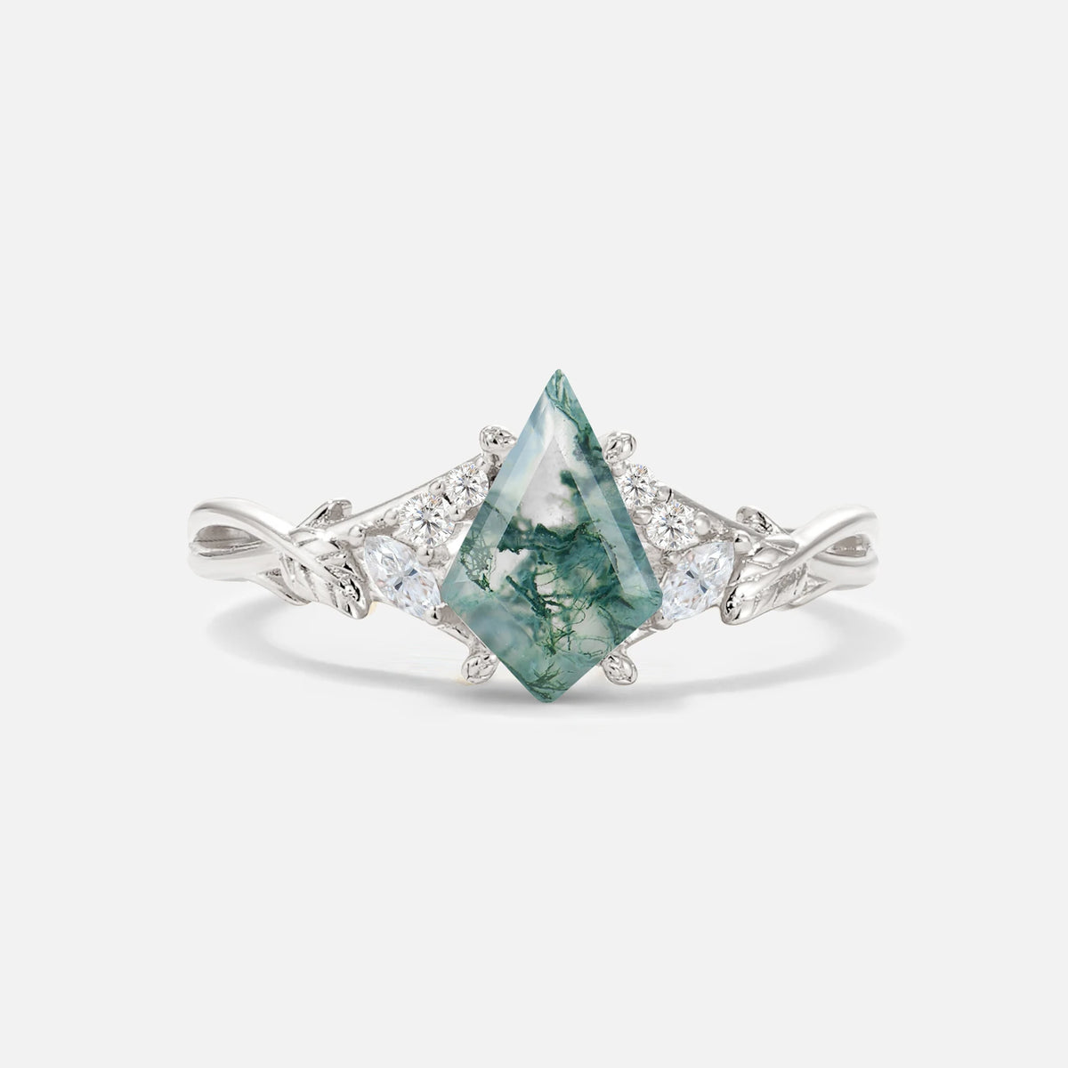 Kite Cut Moss Agate Engagement Ring with Marquise Side Stones and Vine Detail - Additional view
