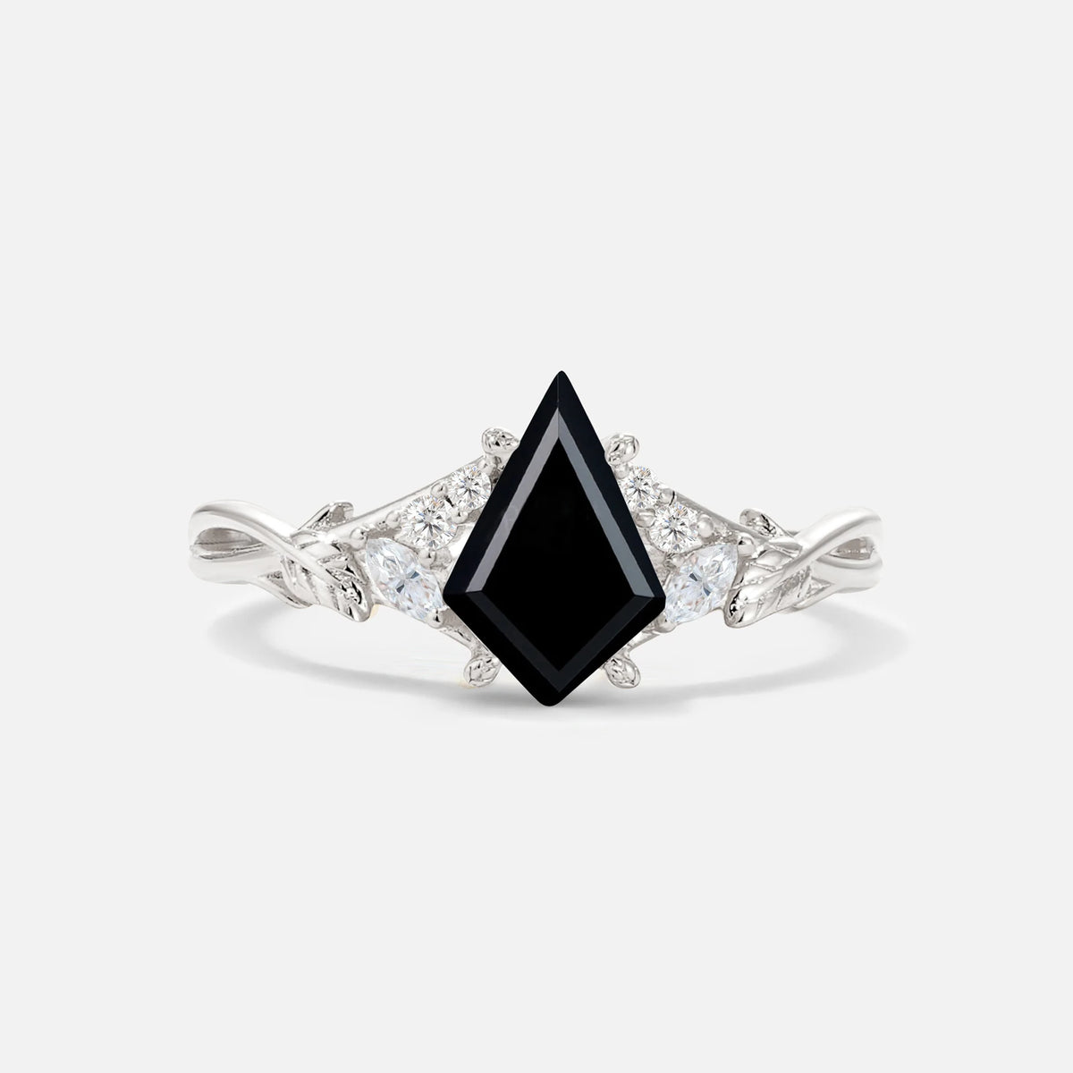Kite Cut Black Onyx Engagement Ring with Marquise Side Stones and Vine Detail - Additional view