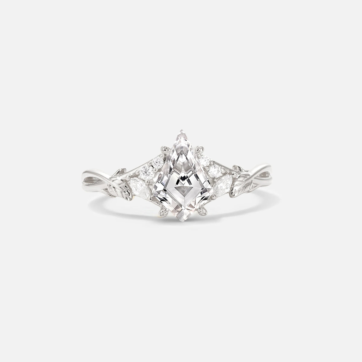 Kite Cut Lab Diamond Engagement Ring with Marquise Side Stones and Vine Detail - Additional view