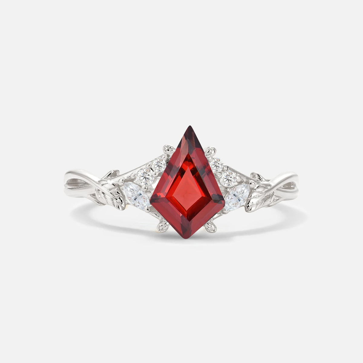 Kite Cut Garnet Engagement Ring with Marquise Side Stones and Vine Detail - Additional view