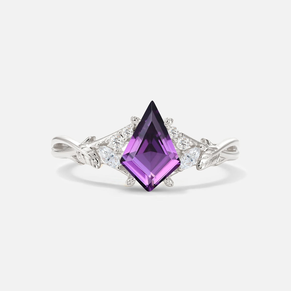 Kite Cut Amethyst Engagement Ring with Marquise Side Stones and Vine Detail - Additional view