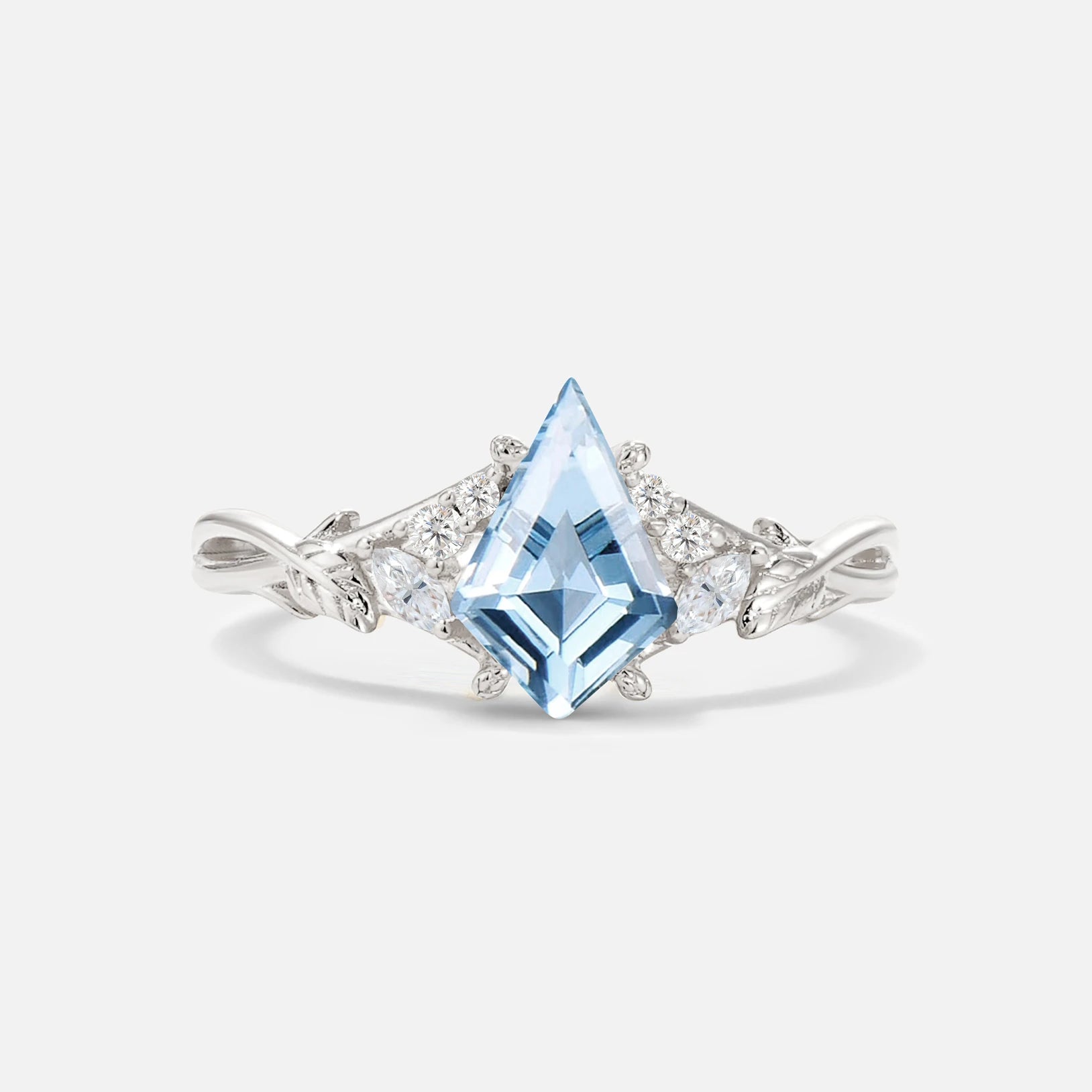 Kite Cut Aquamarine Engagement Ring with Marquise Side Stones and Vine Detail - Additional view