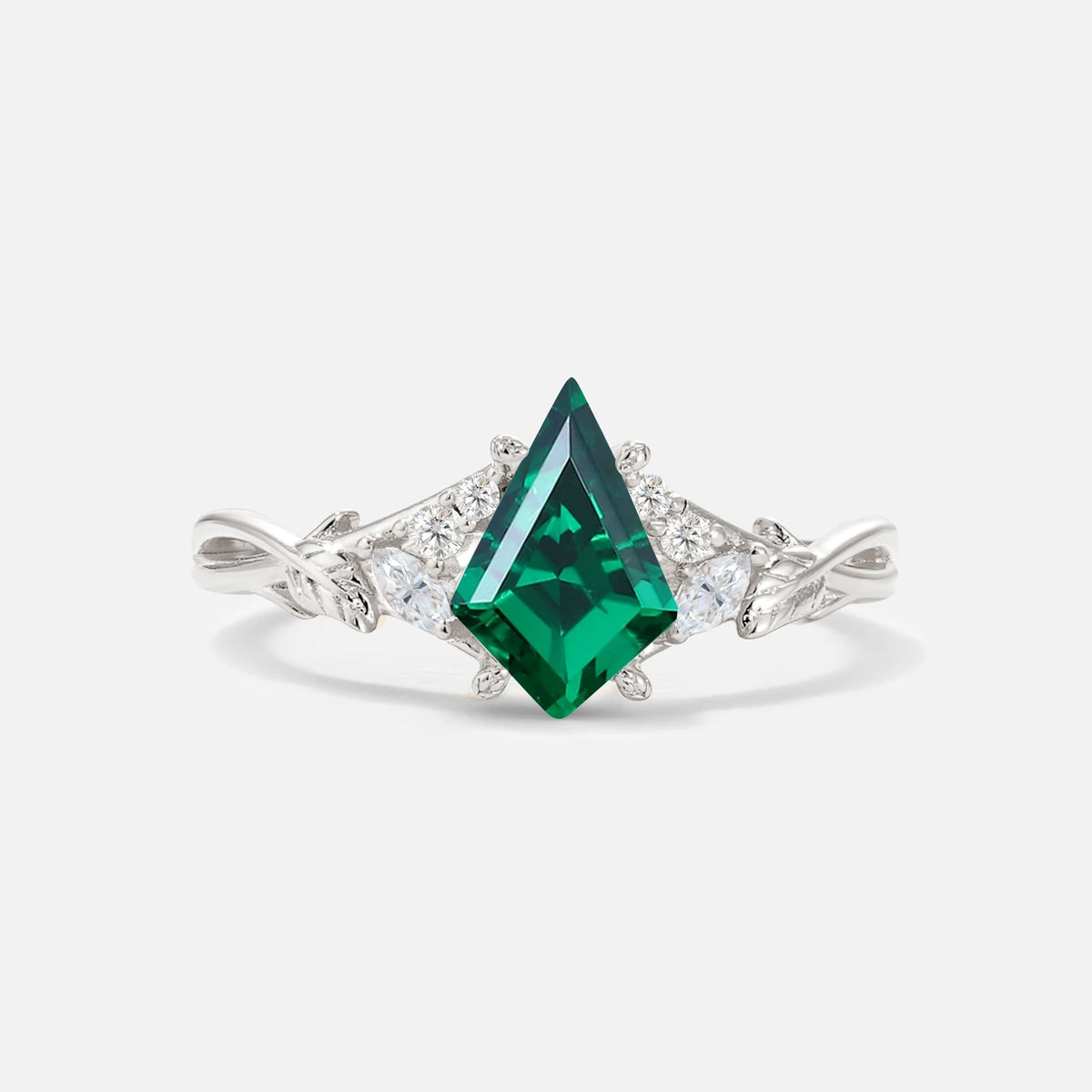 Kite Cut Emerald Engagement Ring with Marquise Side Stones and Vine Detail - Additional view