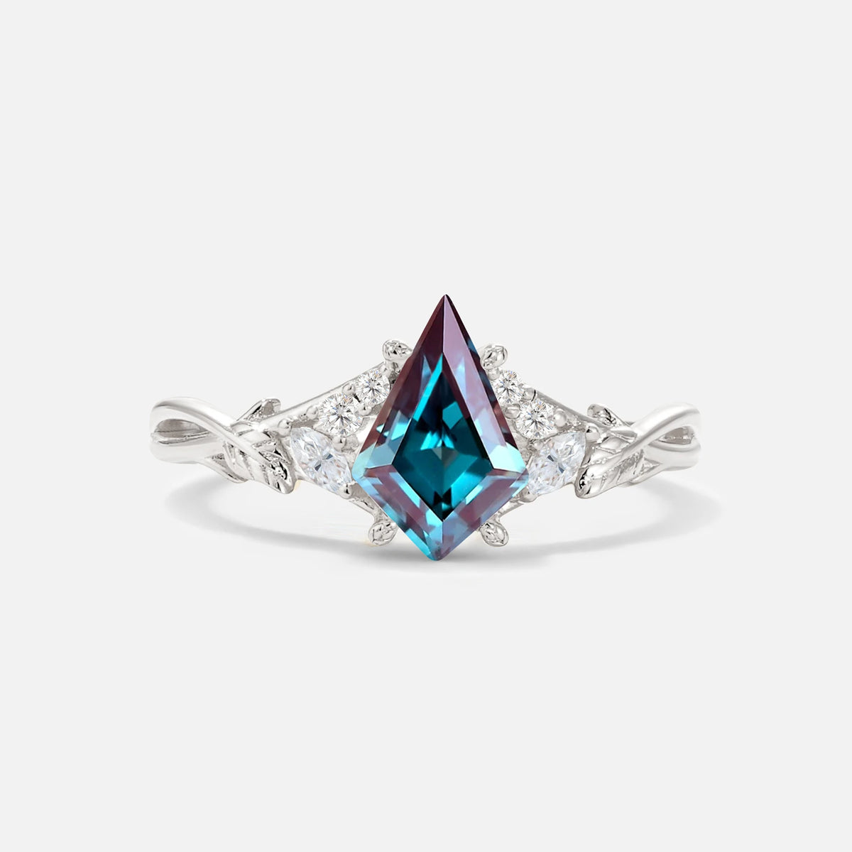 Kite Cut Alexandrite Engagement Ring with Marquise Side Stones and Vine Detail - Additional view