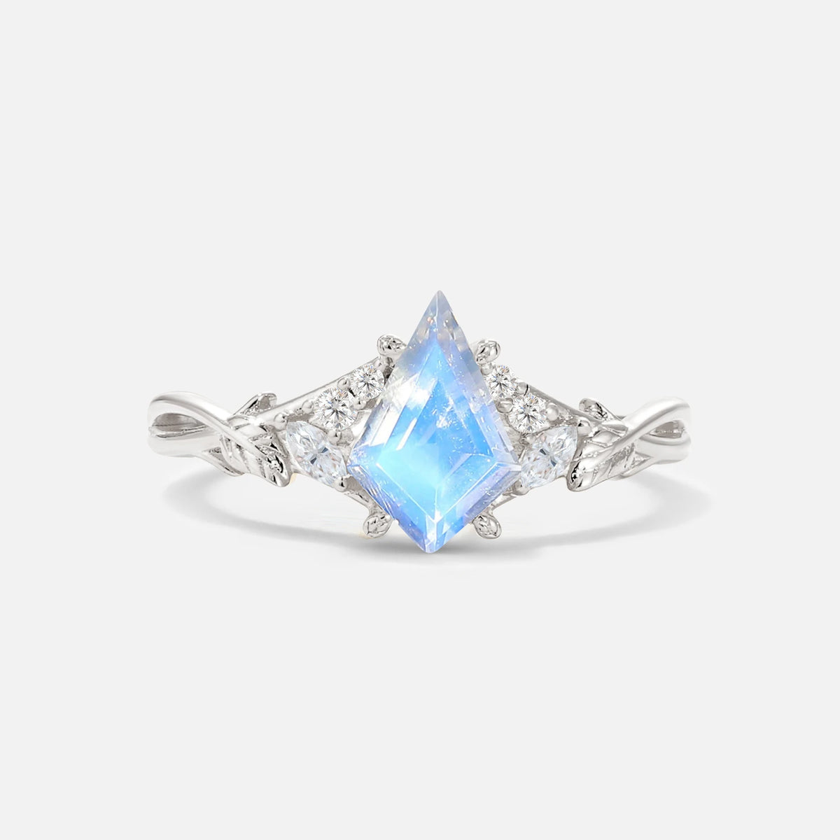 Kite Cut Moonstone Engagement Ring with Marquise Side Stones and Vine Detail - Additional view
