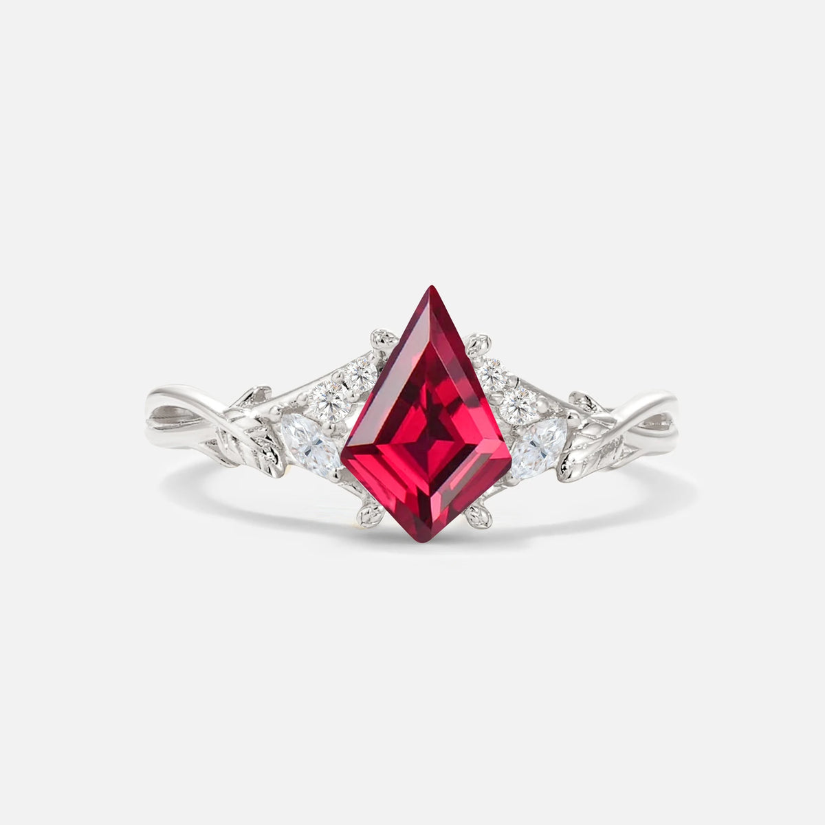 Kite Cut Ruby Engagement Ring with Marquise Side Stones and Vine Detail - Additional view