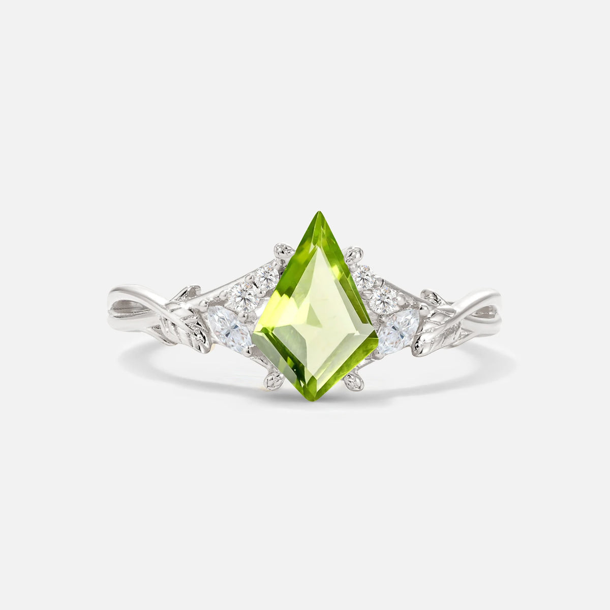 Kite Cut Peridot Engagement Ring with Marquise Side Stones and Vine Detail - Additional view